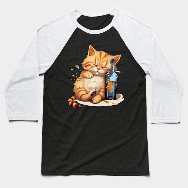 Drunk Cat Snoozing: Cartoon Cute Orange & Blue Drawing Baseball T-Shirt by YUED